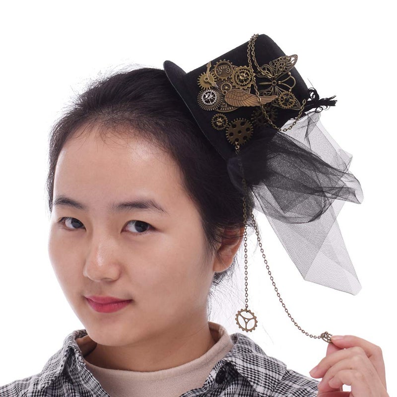 BLESSUME Mini Top Hat Party Hat Dancing Cocktail Feather Veil Hair Clip (Black 1) - Image 1